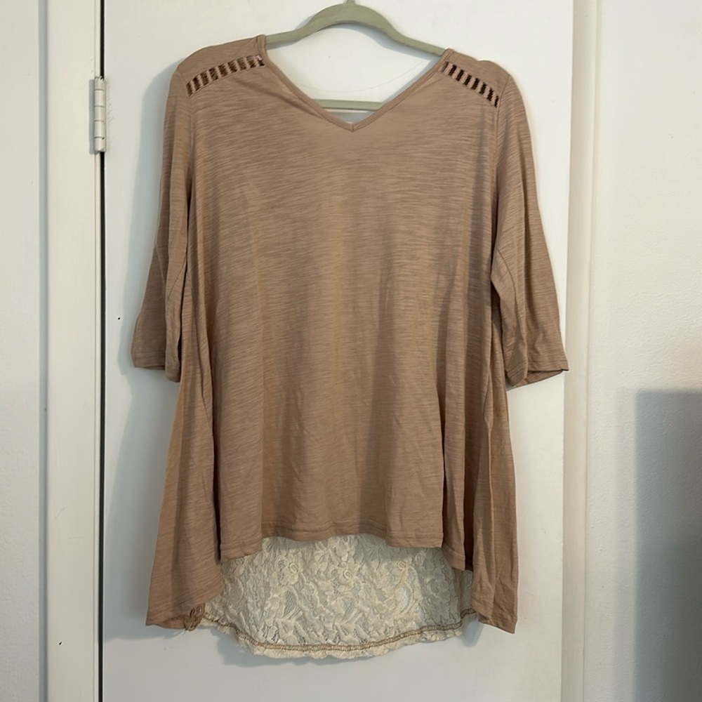 Beige Tan top with 3/4 sleeves and lace back with corset detail